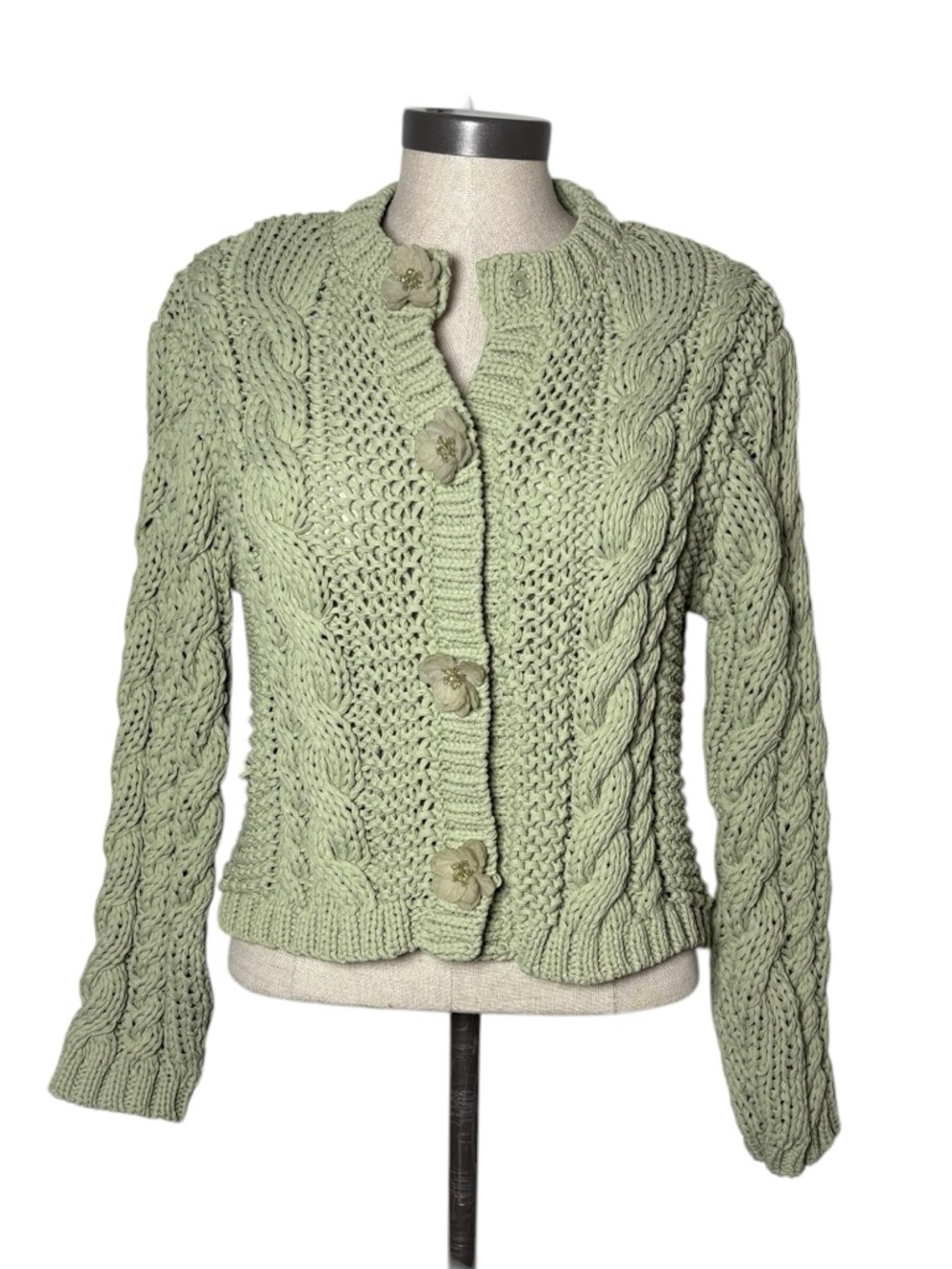 Zara Sage Green Chunky Knit Cardigan Floral Buttons Cottagecore Boho Medium